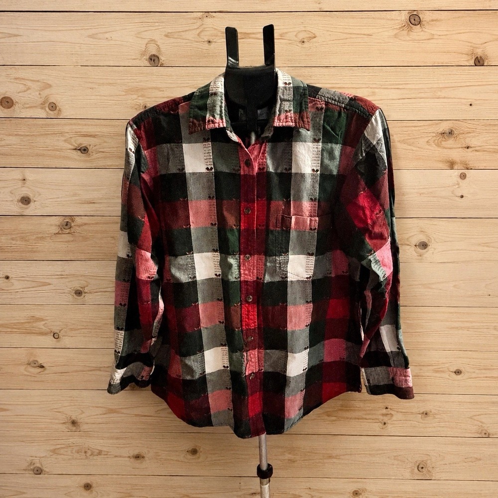 Dressbarn Woman 14/16 Plaid Button Down Shirt Red Green Gray Cotton Blend[F]